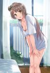  blush bottomless breasts brown_eyes brown_hair cleavage eyebrows eyebrows_visible_through_hair hair_ribbon indoors jpeg_artifacts kichiroku large_breasts leaning_forward long_hair looking_at_viewer love_live! love_live!_school_idol_project minami_kotori naked_shirt one_side_up open_mouth ribbon shirt smile solo standing 