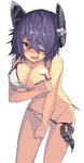  bad_id bad_twitter_id bikini blush breasts checkered checkered_neckwear cleavage geeto_gaadian kantai_collection large_breasts looking_at_viewer necktie open_mouth purple_hair simple_background solo swimsuit tenryuu_(kantai_collection) torn_bikini wardrobe_malfunction wet white_background white_bikini yellow_eyes 