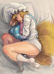  ass blonde_hair breasts chanta_(ayatakaoisii) chin_rest expressionless fingernails fox_tail from_above hat huge_breasts legs looking_at_viewer lying multiple_tails nose on_side pillow short_hair socks solo tail thighs touhou yakumo_ran yellow_eyes 