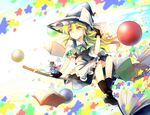  apron bamboo_broom black_gloves blonde_hair book bow broom broom_riding candy dena.ei fingerless_gloves flying food gloves hat hat_bow kirisame_marisa konpeitou open_book puffy_short_sleeves puffy_sleeves shirt short_sleeves sidesaddle skirt skirt_set solo star touhou vest waist_apron white_bow witch_hat 
