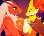  2015 anthro avian big_breasts bird blaziken breast_squish breasts canine cyan_eyes delphox duo edit female female/female fox fur gradient_background mammal nintendo non-mammal_breasts open_mouth pok&eacute;mon red_eyes signature simple_background smile sunibee video_games yellow_fur yellow_sclera 