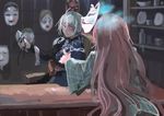  1girl chair counter face_mask fox_mask glasses guy_fawkes_mask hata_no_kokoro ichiba_youichi kourindou long_hair long_sleeves mask morichika_rinnosuke oni_horns pink_hair shirt silver_hair sitting touhou v_for_vendetta very_long_hair wide_sleeves 