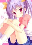  blush hair_ribbon hazakura_satsuki highres leg_hug looking_at_viewer miyauchi_renge non_non_biyori purple_hair red_eyes ribbon shirt shorts sitting solo twintails 