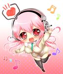  bad_id bad_pixiv_id blush breasts chibi commentary_request headphones ibuki_haruhi large_breasts long_hair looking_at_viewer necktie nitroplus no_pants open_mouth pink_hair red_eyes smile solo super_sonico thighhighs 