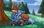  anklet blue_fur canine clothing collar cuddling dress duo eyes_closed eyewear feet female fox fur fur_markings glasses grass hug jacket jewelry mammal outside red_eyes reign-2004 sky smile tail_hug toe_ring toes tree 