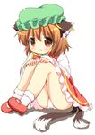  :t animal_ears brown_eyes brown_hair cat_ears cat_tail chen closed_mouth green_hat hat jewelry long_sleeves mob_cap multiple_tails nekomata panties pantyshot pantyshot_(sitting) pila-pela pout short_hair simple_background single_earring sitting solo tail touhou two_tails underwear white_background white_panties 