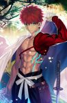  abs armor emiya_shirou fate/grand_order fate/stay_night fate_(series) highres igote japanese_armor katana kusazuri limited/zero_over magic_circuit male_focus muscle navel official_art planted_sword planted_weapon red_hair resized scar solo sword takeuchi_takashi upscaled waifu2x weapon 