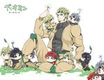  :&gt; bad_id bad_pixiv_id black_hair blonde_hair chibi closed_eyes cosplay crossed_arms dio_brando grey_hair headband holding jacket jojo_no_kimyou_na_bouken knee_pads miniboy multiple_boys multiple_persona neko_nami83 on_shoulder parody pikmin_(creature) pikmin_(creature)_(cosplay) pikmin_(series) pointy_shoes red_hair shoes sitting sprout_on_head turtleneck 