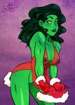  areola avengers big_breasts bottomless breasts christmas cleavage clothed clothing female green_eyes green_hair green_skin hair half-dressed hat holidays hulk_(series) jennifer_walters lingerie lipstick marvel my_pet_tentacle_monster nipples santa_hat she-hulk translucent voluptuous x-mas 