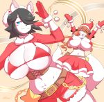  2018 anthro belt big_breasts black_hair blue_eyes blush blush_stickers breasts brown_hair canine christmas clothed clothing daughter digital_media_(artwork) dog duo ear_piercing female gloves hair hair_over_eye hat hi_res holidays holly_applebee huge_breasts long_hair looking_at_viewer maggie_applebee mammal midriff mother mother_and_daughter navel open_mouth parent piercing santa_hat short_hair smile theycallhimcake yellow_eyes 