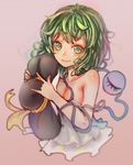  breasts covering covering_breasts green_eyes green_hair hat hat_removed hat_ribbon headwear_removed heart heart-shaped_pupils highres holding holding_hat kiyomasa_ren komeiji_koishi lavender_background looking_at_viewer medium_breasts nipple_slip nipples ribbon short_hair simple_background smile solo symbol-shaped_pupils third_eye topless touhou upper_body 