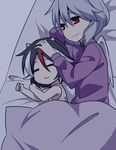  :3 =_= blanket clenched_hands fang from_behind futon horns jeno kijin_seija kishin_sagume mother_and_daughter multicolored_hair multiple_girls playing_with_another's_hair red_eyes short_hair silver_hair single_wing sleeping smile streaked_hair touhou wings 