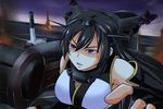  bare_shoulders black_hair commentary_request elbow_gloves fingerless_gloves gloves hairband kantai_collection long_hair machinery nagato_(kantai_collection) nishi_koutarou open_mouth pacific_rim parody red_eyes shaded_face solo upper_body 