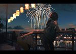  aerial_fireworks arm_support bag bare_legs black_hair blurry building city city_lights dark denim facing_away fireworks from_behind handbag hanging_on inami_hatoko jeans lantern leaning_back leaning_forward letterboxed looking_up multiple_girls night night_sky original outdoors pants paper_lantern ponytail power_lines railing reflection sandals scenery scrunchie short_hair shorts sky sleeveless tank_top telephone_pole water wide_shot 