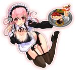  alternate_costume breasts cleavage cream enmaided food frills garter_belt headphones high_heels large_breasts long_hair looking_at_viewer maid maid_headdress nitroplus no_pants open_mouth panties parfait pink_hair rai_su red_eyes solo super_sonico thighhighs tray underwear wavy_mouth 