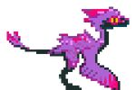  2015 ambiguous_gender animated digital_media_(artwork) dinosaur feathers mutisija pink_feathers pixel_(artwork) purple_feathers raptor slit_pupils solo wings yellow_eyes 