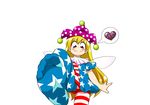  1girl american_flag_legwear american_flag_shirt blonde_hair clownpiece fairy_wings feet hat jester_cap long_hair madou pantyhose pov_feet print_legwear simple_background smile soles solo star toes touhou wings 