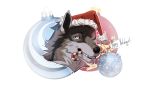  2017 anthro blue_eyes candy candy_cane canine christmas dialogue digital_media_(artwork) english_text food hat holidays kaylinmangorian male mammal rakan scar simple_background text white_background wolf 