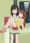  =_= breast_grab carrying commentary_request grabbing ground_vehicle highres ichijou_hotaru koshigaya_komari multiple_girls nagi_kurage non_non_biyori o_o open_mouth princess_carry shoes socks train_interior white_legwear 