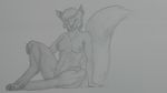  2015 abs anthro areola big_breasts breasts bunnybutts_(artist) canine claws digitigrade female fox fur hair looking_at_viewer mammal monochrome muscles navel nipples nude pussy raised_leg simple_background sitting sketch smile toes 