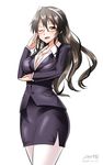  ;d ashigara_(kantai_collection) bespectacled breasts brown_hair business_suit cleavage contemporary fang formal glasses hairband kantai_collection large_breasts long_hair looking_at_viewer one_eye_closed open_mouth pantyhose pencil_skirt signature skirt skirt_suit smile solo suit twitter_username yellow_eyes yuuki_hb 