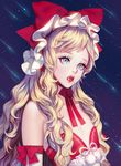  androgynous bad_id bad_pixiv_id blonde_hair blue_eyes bow character_request cherry cyphers eyelashes flat_chest food fruit fur long_hair mouth_hold red_lips shooting_star sky solo star_(sky) upper_body wavy_hair 
