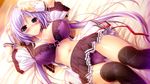  black_legwear blue_eyes blue_hair blush bra breasts breasts_apart cameltoe frilled_skirt frills frown game_cg highres hoshizaki_ouka large_breasts long_hair looking_at_viewer lying navel on_back open_clothes open_shirt oshiki_hitoshi panties pleated_skirt purple_bra purple_panties ribbon sakigake_generation! shirt shy skirt skirt_pull solo sweat thighhighs twintails underwear 