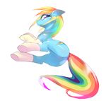 blue_skin blush clothing cutie_mark equine featureless_crotch female friendship_is_magic hair hooves horse legwear looking_at_viewer looking_back looking_down mammal multicolored_hair my_little_pony pony rainbow_dash_(mlp) rainbow_hair simple_background skygracer smile socks solo underhoof white_background 