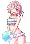  ahoge ball beachball hair_ornament i-58_(kantai_collection) kantai_collection looking_at_viewer navel one_eye_closed open_mouth pink_hair red_eyes short_hair solo swimsuit yuuki_hb 