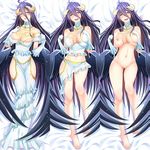  1girl ahoge albedo areola_slip areolae bare_shoulders barefoot bed bed_sheet black_hair black_wings blush breasts cleavage dakimakura dress full_body gloves hair_between_eyes hands_on_own_chest hip_vent horns large_breasts long_hair looking_at_viewer lying midriff multiple_views nipples nude on_back overlord_(maruyama) slit_pupils variations very_long_hair white_dress white_gloves wings yellow_eyes 