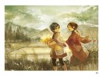  1girl black_hair border brown_hair closed_eyes cloud colored_pencil_(medium) highres looking_back mixed_media mountain muted_color open_mouth original ponytail rice_paddy running scenery signature sky smile taku_(fishdrive) third-party_edit traditional_media tree wheat white_border 
