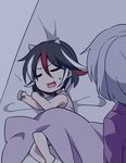 blanket clenched_hands fang from_behind futon horns jeno kijin_seija kishin_sagume mother_and_daughter multicolored_hair multiple_girls open_mouth short_hair silver_hair sleeping streaked_hair sweat touhou 