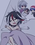  :3 baby blanket doremy_sweet dreaming dress empty_eyes fang futon hat horns jeno kijin_seija kishin_sagume mother_and_daughter multicolored_hair multiple_girls nightcap red_eyes silver_hair single_wing smug streaked_hair sweat thought_bubble touhou v-shaped_eyebrows wings 