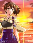  armor brown_hair japanese_clothes kaga_(kantai_collection) kantai_collection looking_back muneate parted_lips side_ponytail solo sparkle sunset yellow_eyes yuuki_hb 