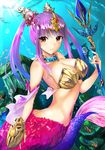  air_bubble armor bikini_armor bikini_top breasts brown_eyes bubble cleavage diadem gem highres jewelry large_breasts light_rays mermaid midriff miracle_hoshi monster_girl navel neck_ring original pillar polearm purple_hair scales shell shell_hair_ornament solo spear twintails underwater weapon 