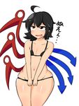  ahoge asymmetrical_wings bikini black_hair blush breast_squeeze breasts commentary covering covering_crotch curvy houjuu_nue manorea micro_bikini nervous_smile red_eyes short_hair skindentation small_breasts solo swimsuit thick_thighs thighs touhou undersized_clothes v_arms wavy_mouth wide_hips wings 