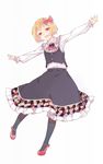  adapted_costume black_legwear blonde_hair checkered checkered_skirt cravat cupcake food food_print full_body hair_ribbon leaning_over looking_at_viewer open_mouth outstretched_arms pantyhose red_eyes ribbon rumia short_hair simple_background skirt skirt_set solo spread_arms standing standing_on_one_leg striped striped_skirt striped_vest touhou tsukimiya_kamiko white_background 