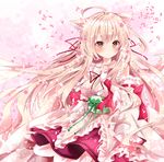  animal_ears blonde_hair brown_eyes cat_ears detached_sleeves frills japanese_clothes kimono layered_clothing long_hair looking_at_viewer nanase_kureha nanase_nao obi original petals sash short_kimono solo very_long_hair 