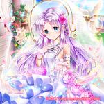  1girl 2012 armband aura_(.hack//) bird blue_eyes bow bride dress feathers flower frills gloves guilty_dragon hair_flower hair_ornament long_hair minimaru outstretched_hand petals pink_flower pink_rose purple_bow purple_hair rose smile solo veil white_dress white_gloves 