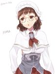  :o ascot brown_eyes brown_hair capelet character_name glasses headdress kantai_collection long_sleeves maruki_(punchiki) pince-nez roma_(kantai_collection) short_hair simple_background solo twitter_username upper_body wavy_hair white_background 