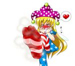  1girl american_flag_legwear american_flag_shirt blonde_hair blush clownpiece fairy_wings feet hat jester_cap long_hair madou pantyhose print_legwear simple_background smell smile soles solo spoken_heart star sweat tears toes touhou wings 