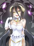  ahoge albedo artist_request bare_shoulders black_hair black_wings blush breasts cleavage dress female frills gloves gradient gradient_background hair_between_eyes hip_vent horns large_breasts looking_at_viewer overlord_(maruyama) smile solo succubus very_long_hair white_dress wings yellow_eyes 