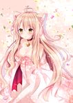  animal_ears bare_shoulders bell bell_collar blonde_hair blush breasts brown_eyes cat_ears cleavage collar collarbone floral_print japanese_clothes kimono large_breasts long_hair looking_at_viewer nanase_kureha nanase_nao off_shoulder open_clothes open_kimono original solo very_long_hair 