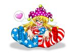  1girl american_flag_legwear american_flag_shirt blonde_hair clownpiece fairy_wings feet hat jester_cap long_hair madou pantyhose presenting print_legwear simple_background soles solo spread_legs star sweat toes touhou wings 