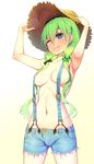  ;) armpits blue_eyes blush bow breasts closed_mouth collarbone cowboy_shot cutoffs gradient gradient_background green_hair hair_bobbles hair_bow hair_ornament hands_on_headwear hat lens_flare long_hair medium_breasts naked_suspenders navel one_eye_closed original peragura short_shorts shorts smile solo straw_hat suspenders 