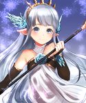  bangs bare_shoulders blue_flower blue_rose blush bridal_gauntlets crystal dress flat_chest flower granblue_fantasy halterneck holding holding_staff lily_(granblue_fantasy) long_hair looking_at_viewer pointy_ears purple_background rose silver_eyes silver_hair smile snowflakes solo staff tiara upper_body uro_(uro_zi) very_long_hair white_dress 