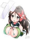  amagi_(kantai_collection) breasts brown_eyes brown_hair cleavage cleavage_cutout flower hair_flower hair_ornament kantai_collection large_breasts long_hair mole mole_under_eye off_shoulder open_mouth ponytail shikigami solo yuuki_hb 