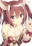  :3 animal_ears armor bare_shoulders blush breasts cerberus_(shingeki_no_bahamut) cleavage dog_ears eyebrows eyebrows_visible_through_hair fang fang_out gauntlets hair_between_eyes looking_at_viewer medium_breasts peko red_armor red_hair shingeki_no_bahamut simple_background sketch smile solo twintails upper_body white_background 