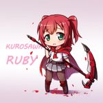  black_legwear cape chibi cosplay green_eyes kurosawa_ruby langbazi love_live! love_live!_sunshine!! namesake pantyhose red_hair ruby_rose ruby_rose_(cosplay) rwby school_uniform scythe serafuku short_hair solo uranohoshi_school_uniform 