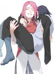  1girl amputee black_hair blush carrying closed_eyes couple fuji_(c-b-s) grin haruno_sakura hetero husband_and_wife long_hair naruto naruto_(series) pink_hair princess_carry role_reversal short_hair smile uchiha_sasuke 